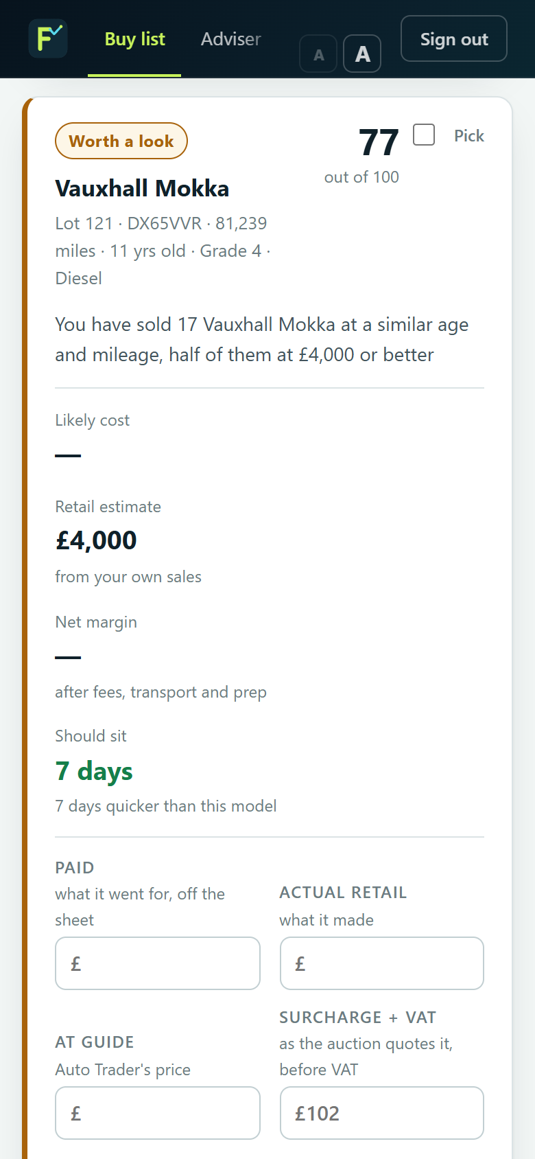 The buy list on a phone: a scored Vauxhall Mokka with retail estimate and expected days to sell