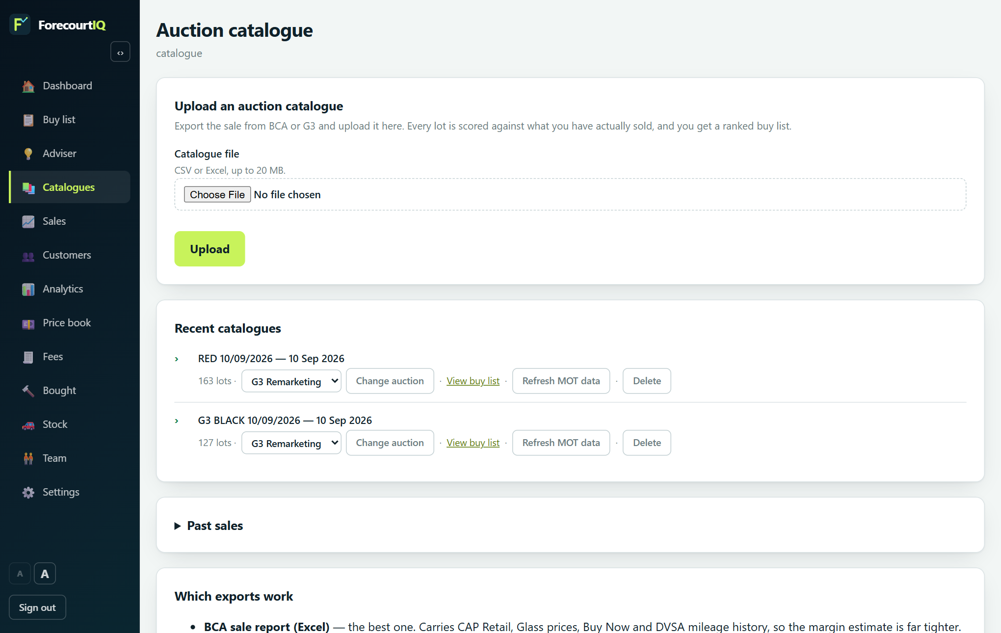 The catalogues page with recent BCA and G3 sales, each with a buy list and MOT refresh